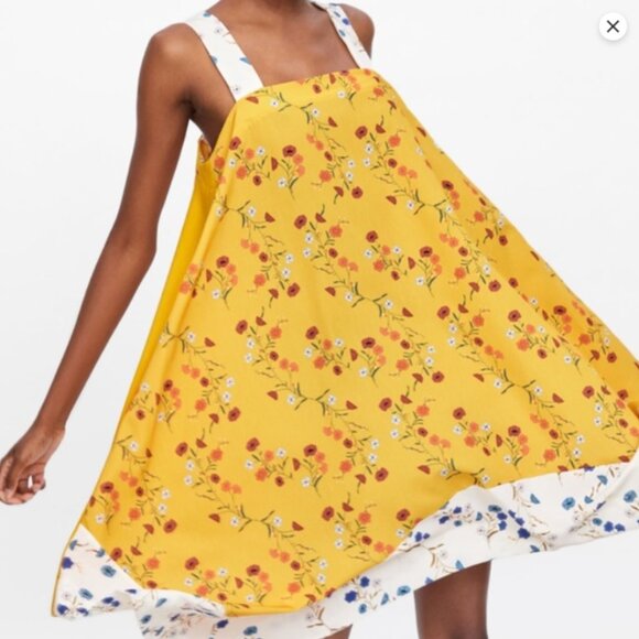 ZARA Floral Pattern Midi Trapezoid Scarf Dress, Yellow/White, Size S - Picture 3 of 11